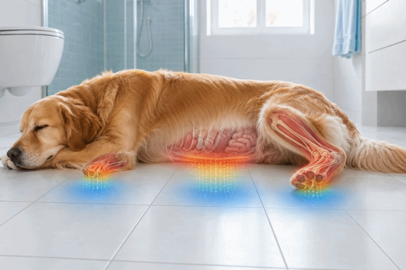 Warmte-afgifte van de hond via de ondergrond