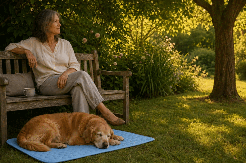 Vrouw met haar hond op de koelmat in de tuin