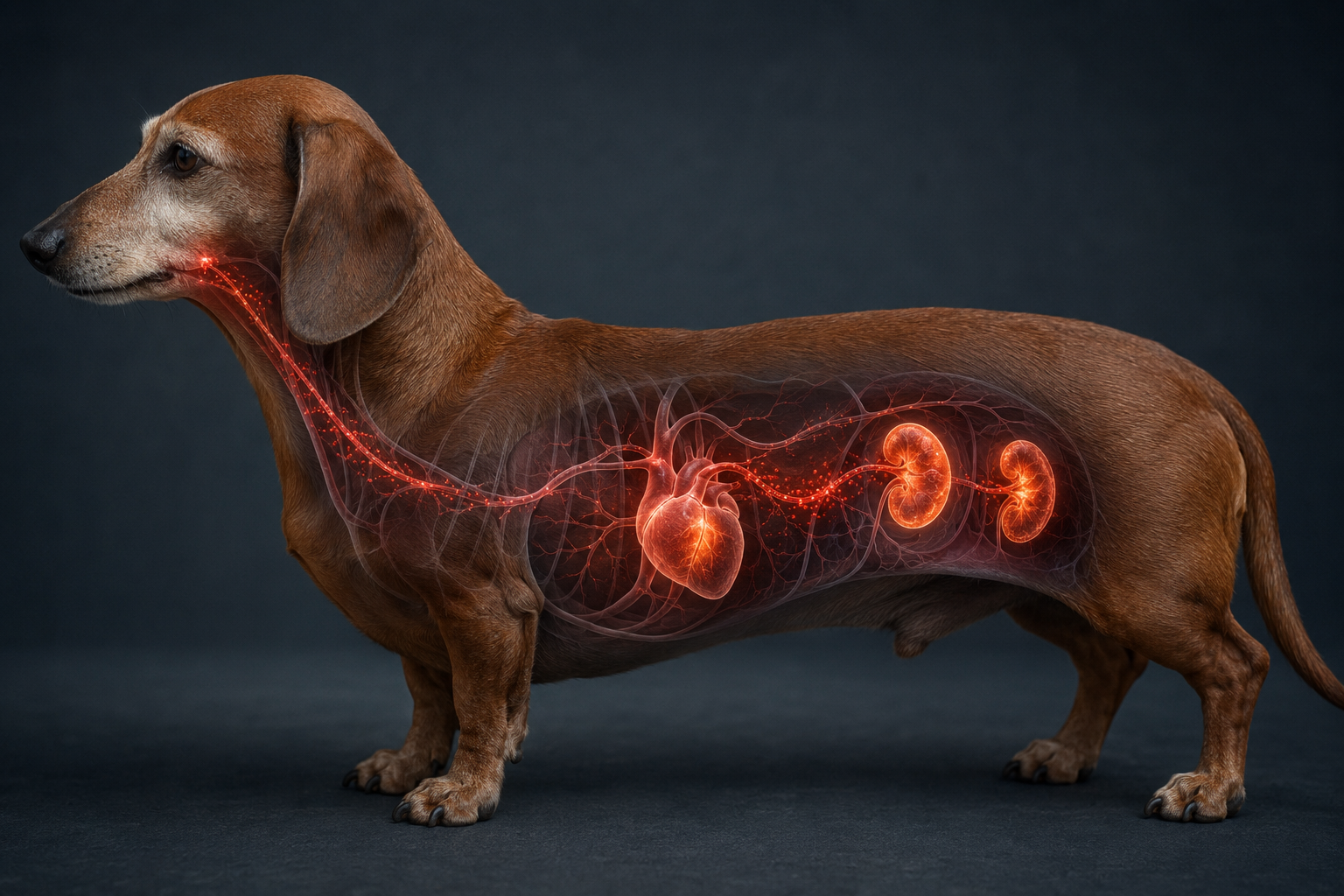 Dachshund with the heart and kidneys glowing through the body