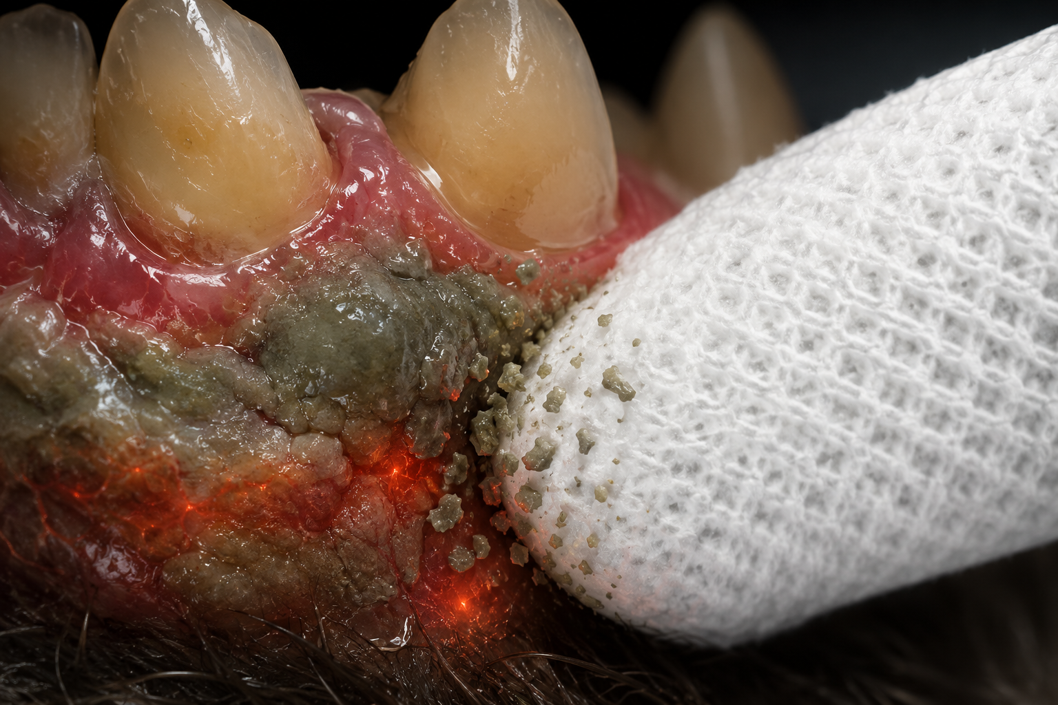 Close-up of inflamed gums and the finger wipe