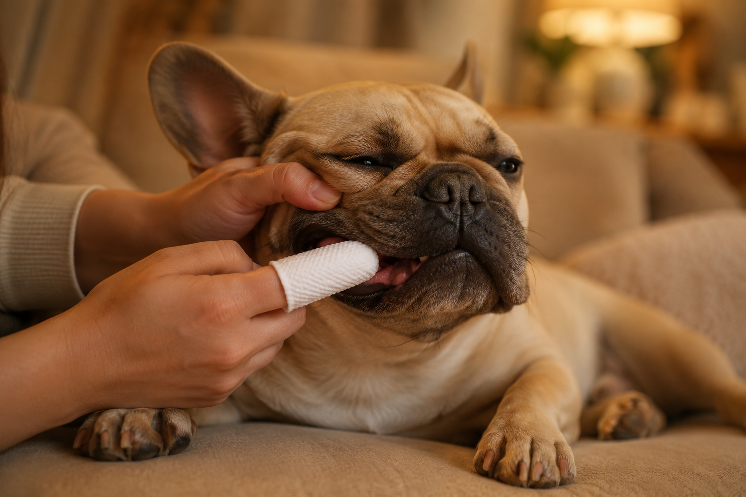 French bulldog calmly accepting the finger wipe on the sofa