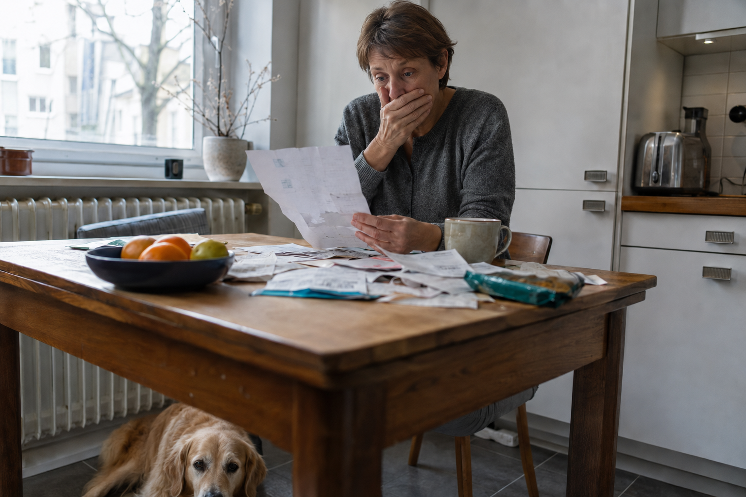 Owner at the kitchen table going through vet bills