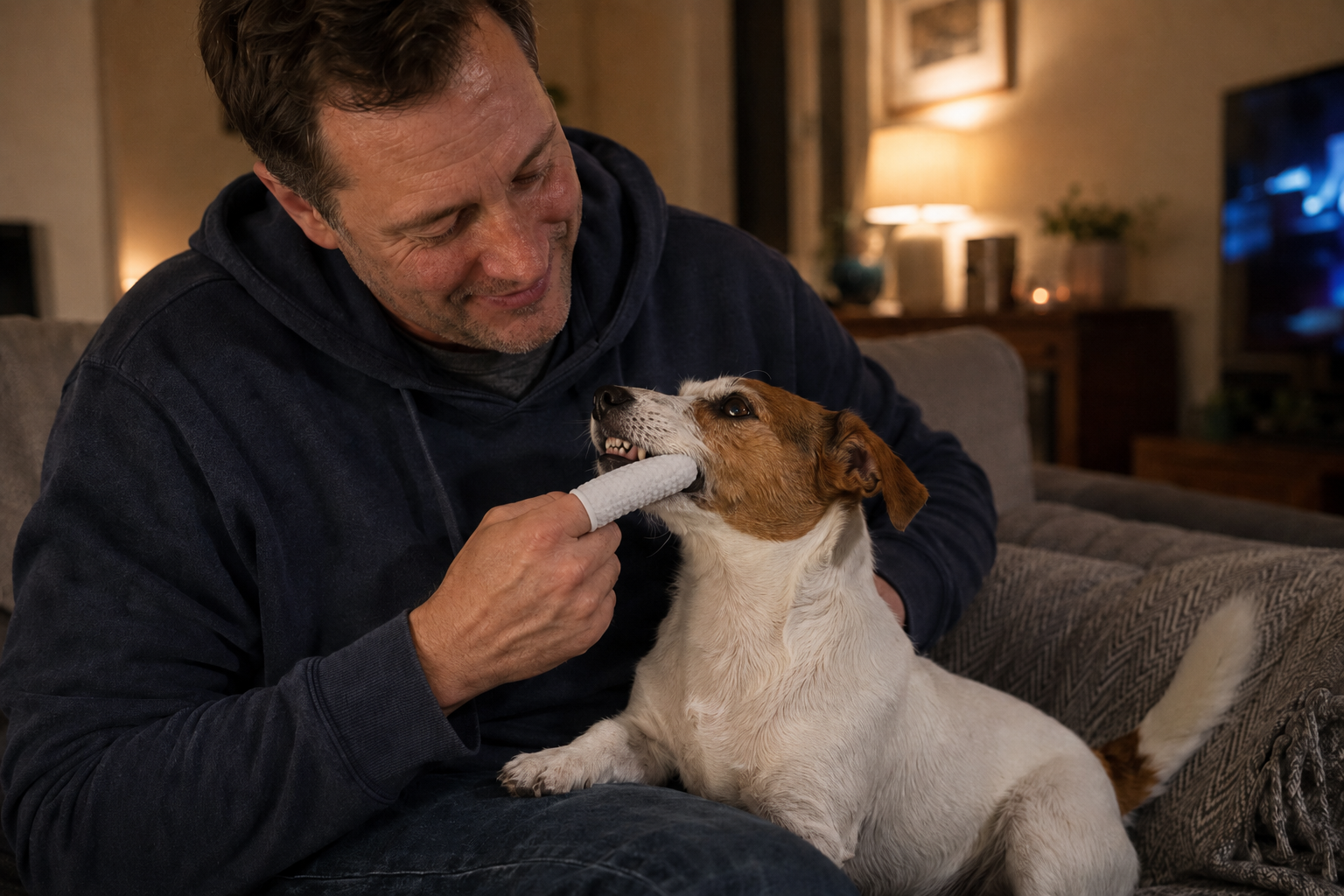 Owner wiping his Jack Russell's teeth in the living room