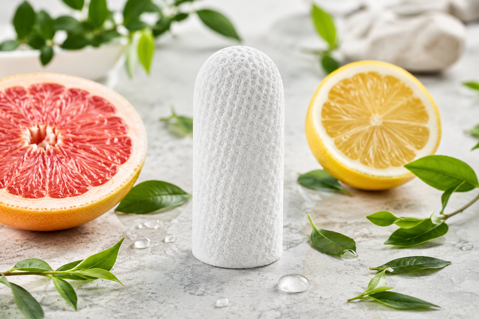 Finger wipe next to grapefruit, lemon and green tea leaves