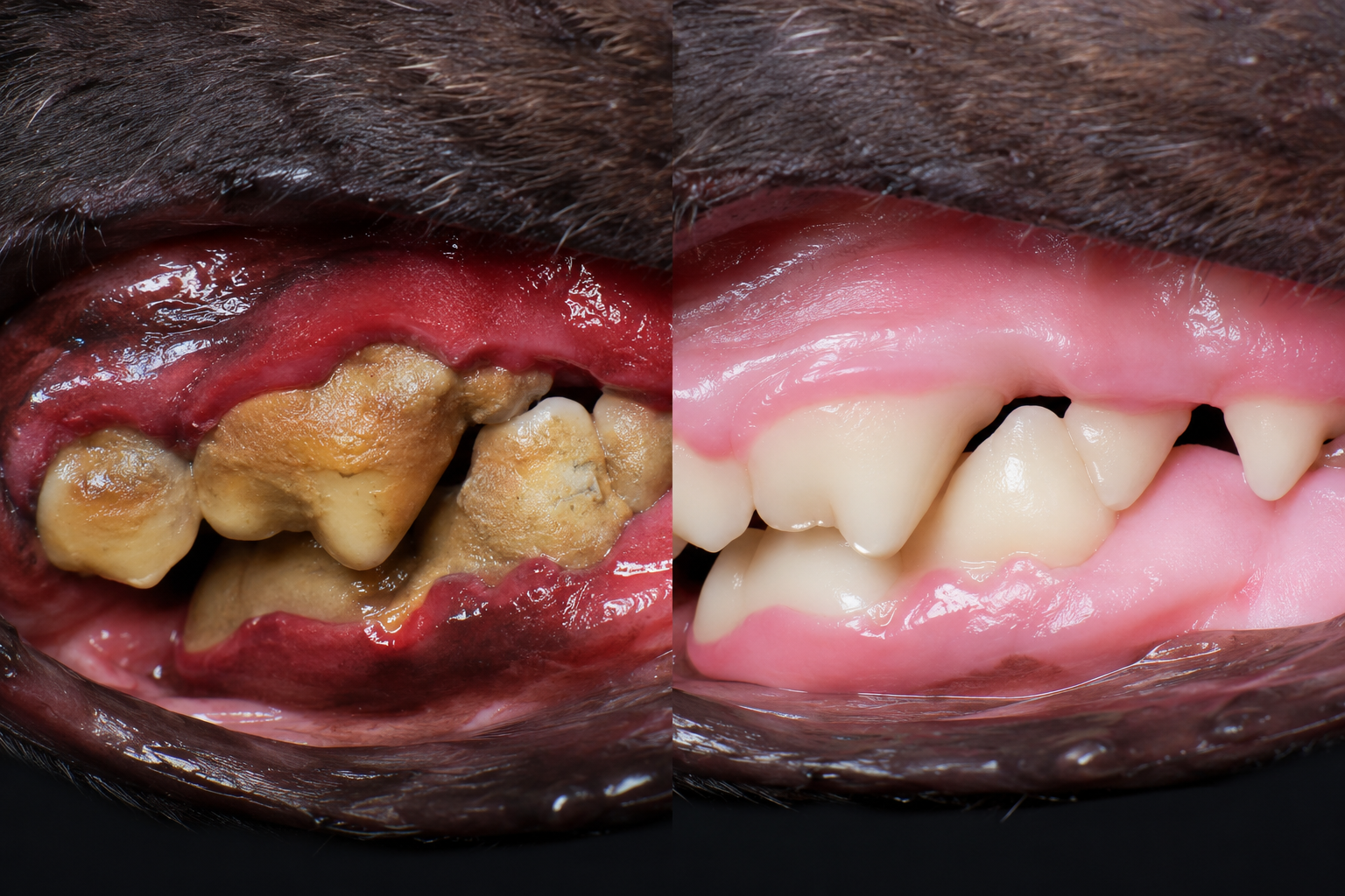 Dog's teeth before and after: heavy tartar, then clean gums