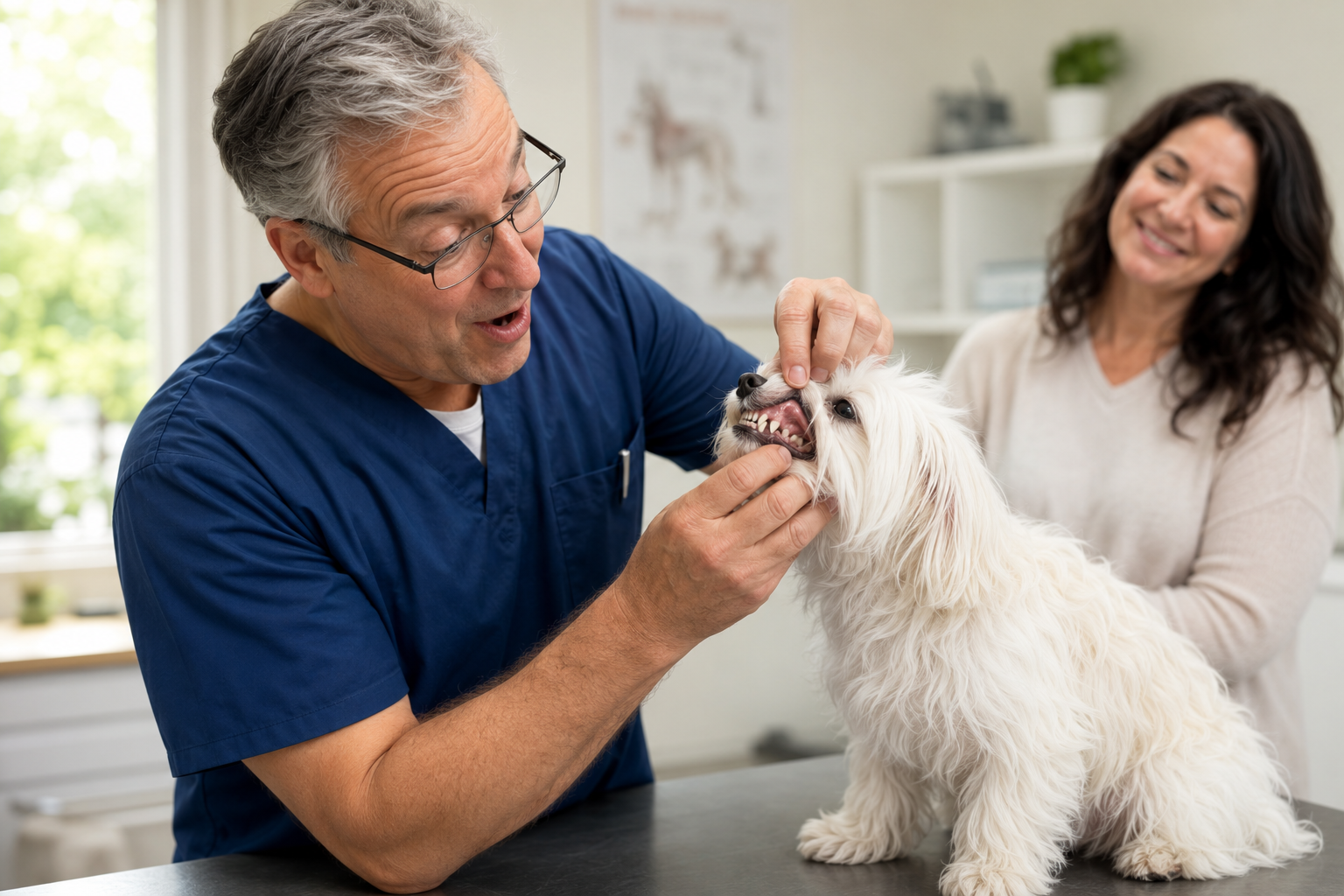 Vet checking a small dog's teeth while the owner looks on