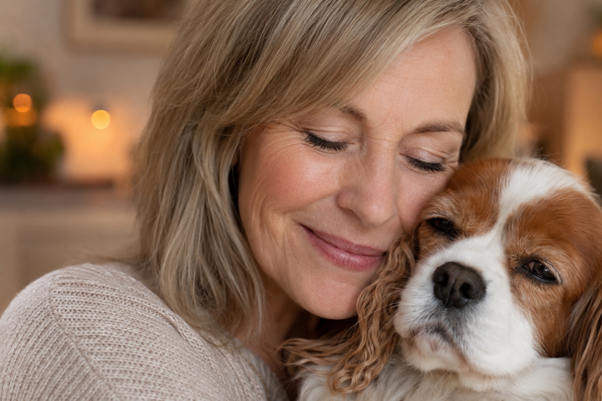 Owner resting her head against her spaniel