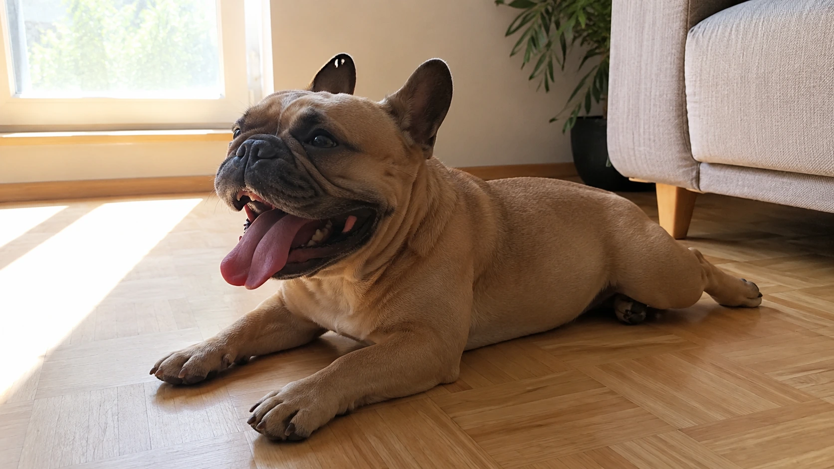 Hund hechelt auf dem Wohnzimmerboden