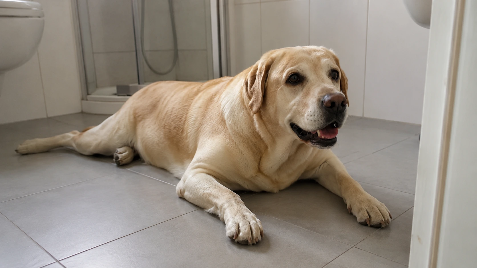 Labrador hechelt auf dem Badezimmerboden
